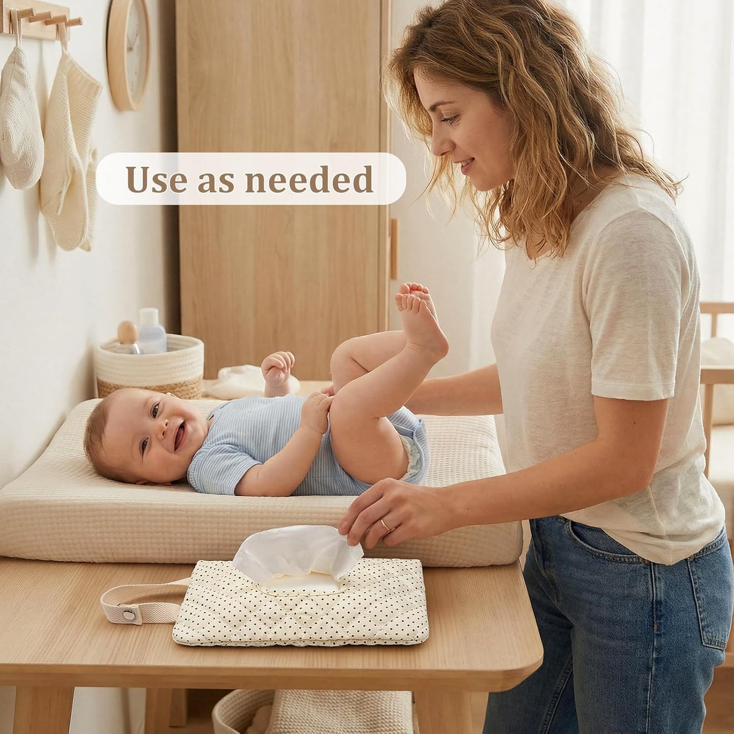 Quilted Baby Diaper and Wipes Pouch Portable Mommy Bag for Stroller Reusable Wipes Pouch with Lanyard for Casual Travel (Beige)
