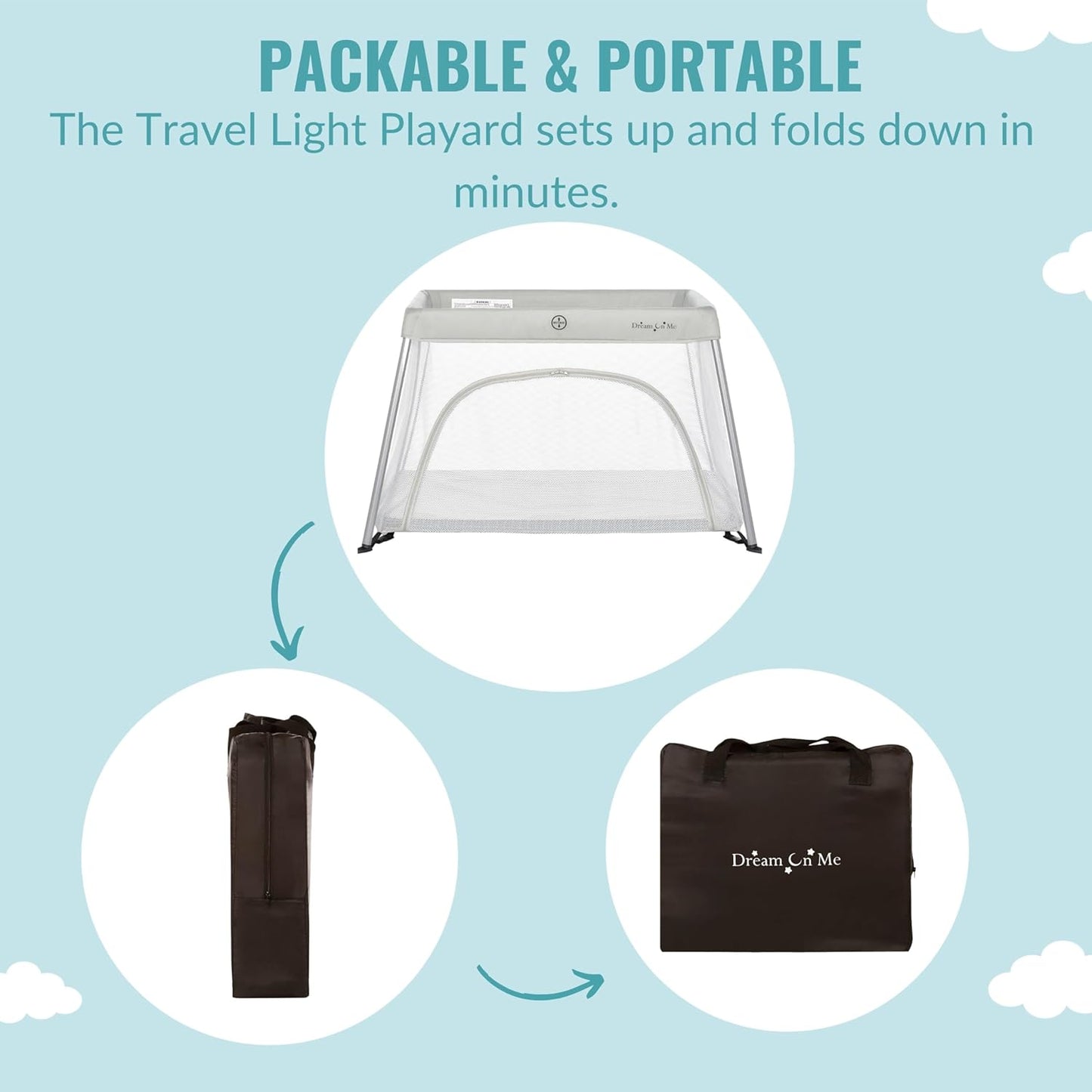 Dream On Me Travel Light Baby Playard with Zipper Access Door, Breathable Mesh Sides with Soft Comfortable Mattress, Easy Fold Design with Travel Carry Bag, Compact Space Saving Design - Grey
