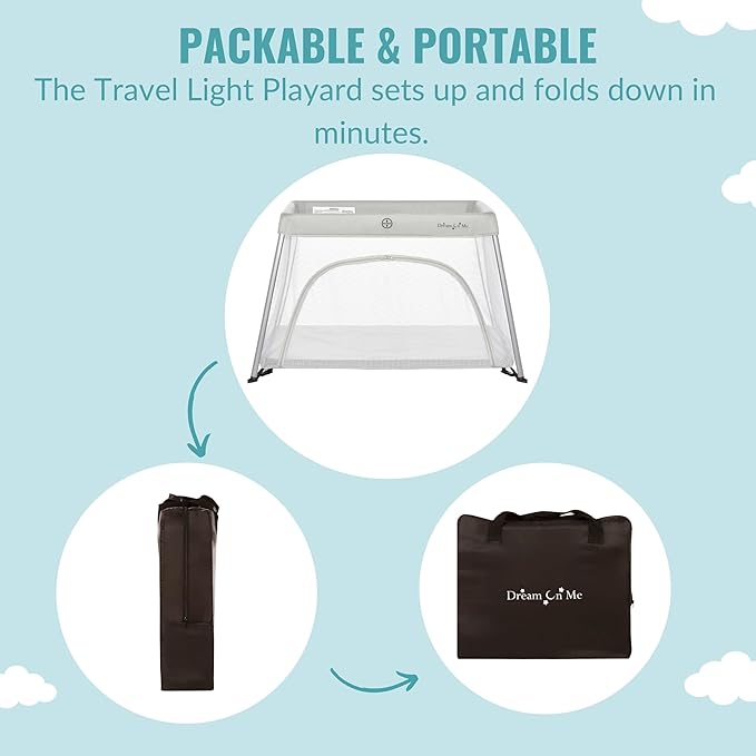 Dream On Me Travel Light Baby Playard with Zipper Access Door, Breathable Mesh Sides with Soft Comfortable Mattress, Easy Fold Design with Travel Carry Bag, Compact Space Saving Design - Grey