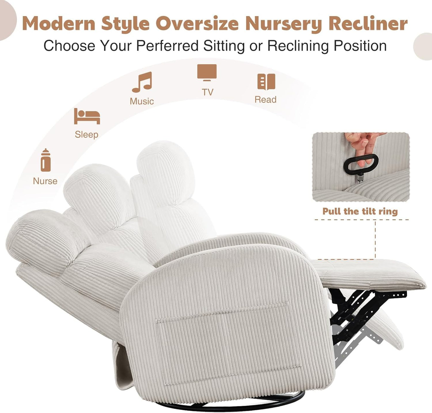 Swivel Rocker Recliner Chair, Rocking Recliner for Nursery with Side Pockets, Manual Swivel Reclining Nursery Glider Chair for Breastfeeding Living Room, Camel Chenille