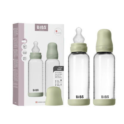 BIBS Glass Baby Bottles 2-Pack, 4 Oz. Anti-Colic System for Gas Reduction. Vented Round Silicone Nipple. Supports Infant and Newborn Breastfeeding - 120 ml (Pack of 2), Sage