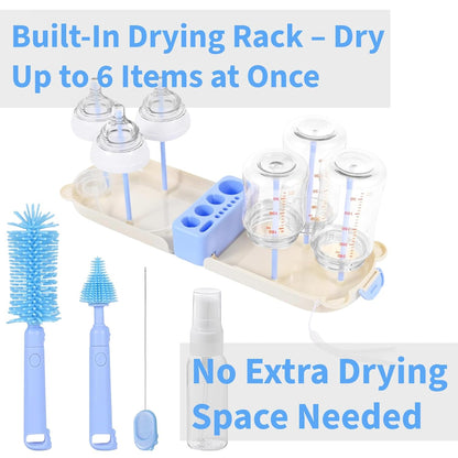Travel Bottle Cleaner kit, 7in1 Baby Travel Gear Essential Silicone Travel Bottle Brush Set Nipple Drying Rack, Straw Breast Pump Cleaning Soap Dispenser Organizer Case Mon Gift (Pink)