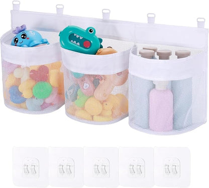 Bath Toy Storage Organizer, 3 Compartment Bath Toy Holder for Tubs, Large Capacity & Quick-Drying Mesh - 5 Strong Adhesive Hooks for Easy Access
