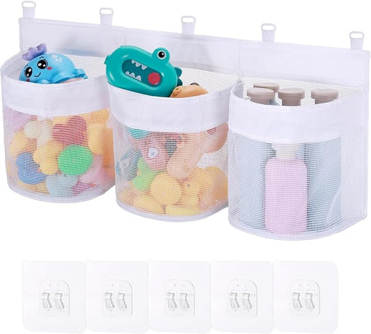 Bath Toy Storage Organizer, 3 Compartment Bath Toy Holder for Tubs, Large Capacity & Quick-Drying Mesh - 5 Strong Adhesive Hooks for Easy Access