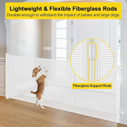 Reinforced 42” Tall x 200” Extra Long Retractable Baby Gates, Extra Tall Baby Gates for Dogs with Support Rods, Retractable Dog Gate for Wide Opening Pet Gate Indoor Outdoor, White