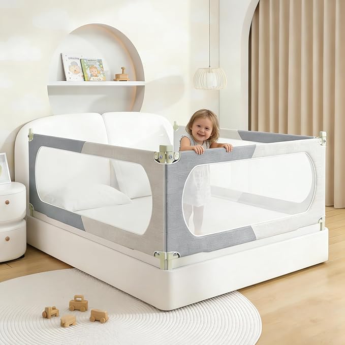 Bed Rail for Toddlers Twin, Full, Queen, King & Cal kingMattress Size | Swing Down Rail Guard | Mattress Side Rail for Kids (Gray and White, (3 Sides for King Size) 79.9x79.9x76 Inch)