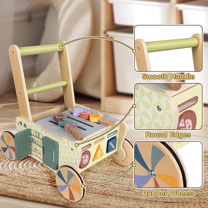 BAUTIA Baby Push Toys, Wooden Play Kitchen Food Cart, Montessori Acitivty Center Walker Toys for 1 2 Year Old Girl Boys Gifts