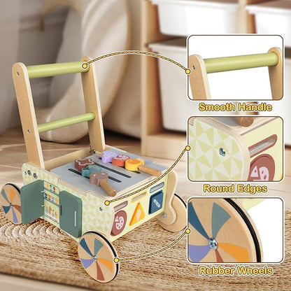 BAUTIA Baby Push Toys, Wooden Play Kitchen Food Cart, Montessori Acitivty Center Walker Toys for 1 2 Year Old Girl Boys Gifts