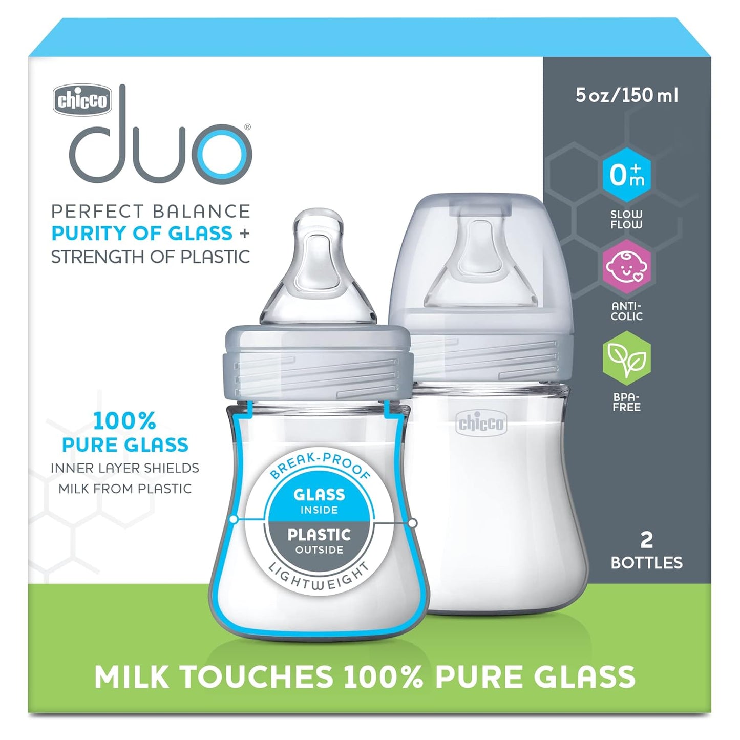Chicco Duo 9oz Hybrid Baby Bottle, Real Glass Inside, Lightweight Plastic Outside, Patented Invinci-Glass Technology, Intui-Latch Nipple, 2-Pack, Clear/Pink