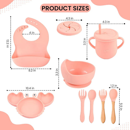 Silicone Baby Feeding & Weaning Set – Food-Grade Baby Led Weaning Supplies with Suction Plate, Bowl, Bib, Sippy Cup & Soft Spoon Fork – Dishwasher & Microwave Safe (Brown)