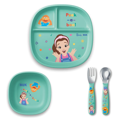 NUK Silicone Baby Tableware Bundle, Includes 1 Plate, 1 Bowl, 1 Cup, & 1 Spoon, Durable Suction Feature Helps Reduce Spills, Microwave-Safe, BPA-Free
