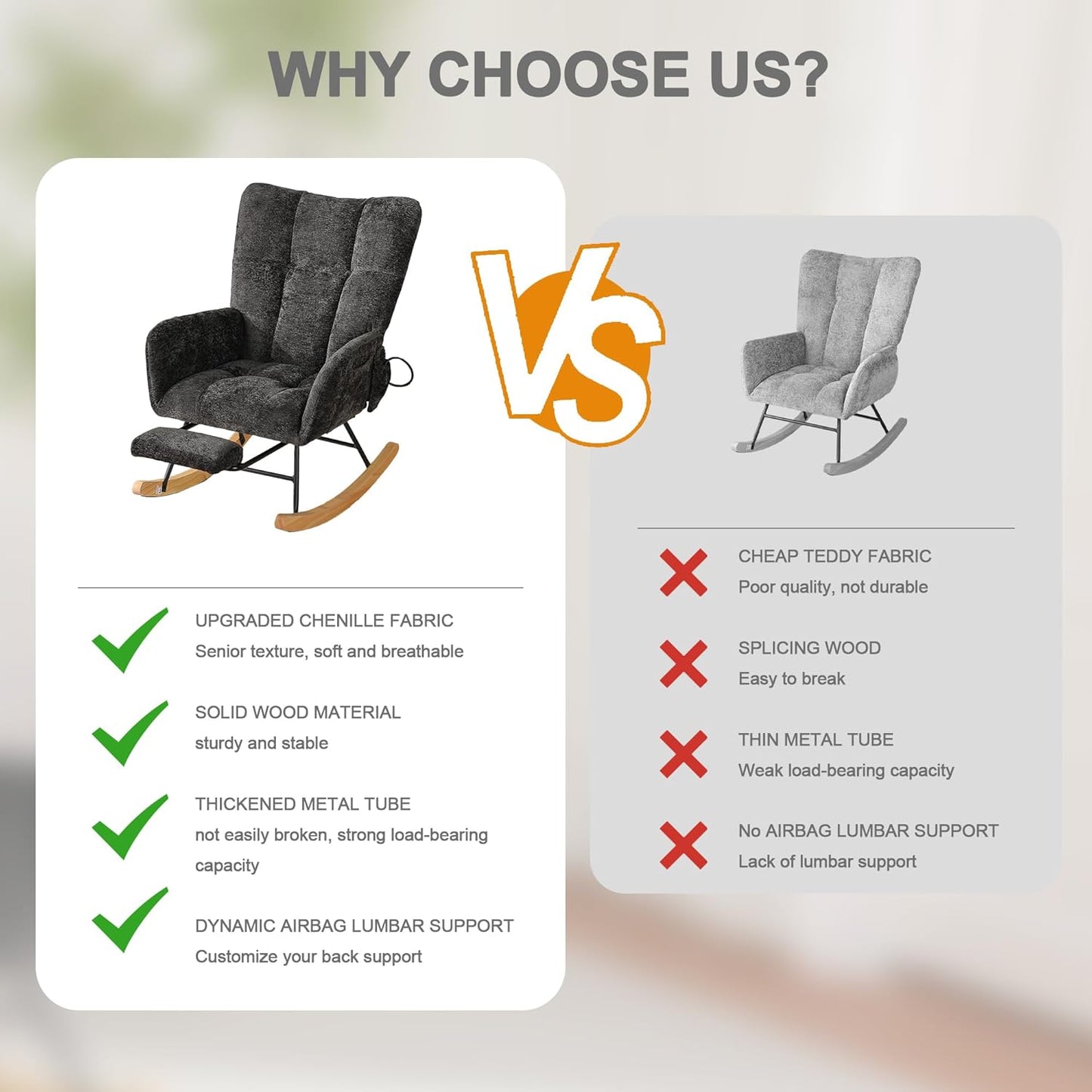 Rocking Chair Nursery with Airbag, Comfy Modern Nursery Rocking Reading Chair indoor with Footrest, Cozy Upholstered Glider Rocker Chairs for Living Room Bedroom Offices(Chenille, Dark Grey)