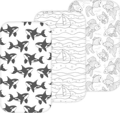 Bassinet Sheets for Papablic, CoZee, Cowiewie, Ezebaby, Nawahev Baby Bassinet Bedside Sleeper by TansyPanda, 3PC, 33x20, Ultra Soft, Breathable Snug Fit, Unisex Boys Girls, Gray White (Space Rockets)