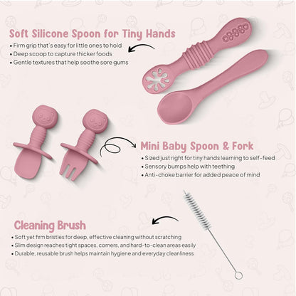 O'doe 17-Piece BPA-Free Silicone Baby Feeding Set | Thick & Soft Suction Plates, Baby Bowls, Wooden Fork & Spoon, and More | Make Mealtime Fun and Easy for Your Little One (Purple, V2)