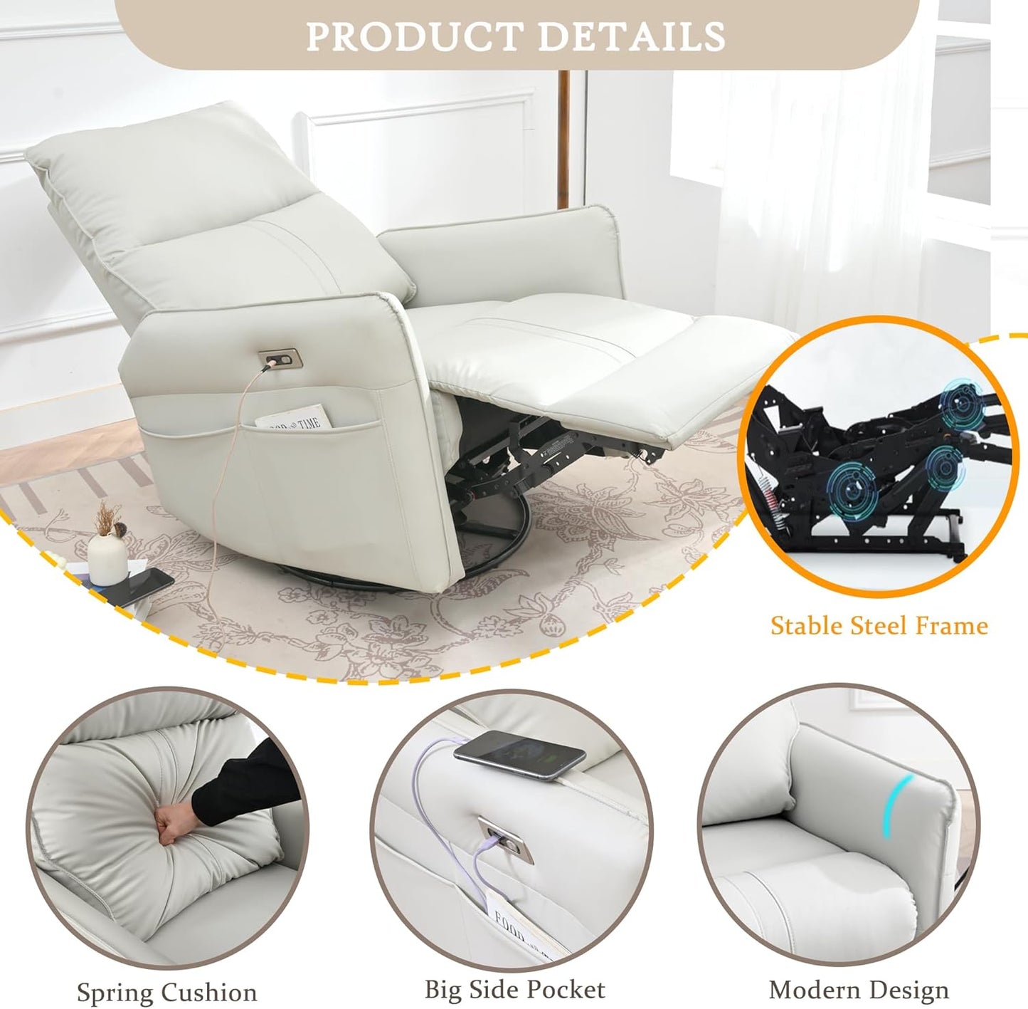 Power Swivel Rocker Recliner Chair for Nursery, Upholstered Snowflake Velvet 270°Swivel Glider Rocker Chair with USB Ports, Small Power Recliners for Small Spaces Living Room