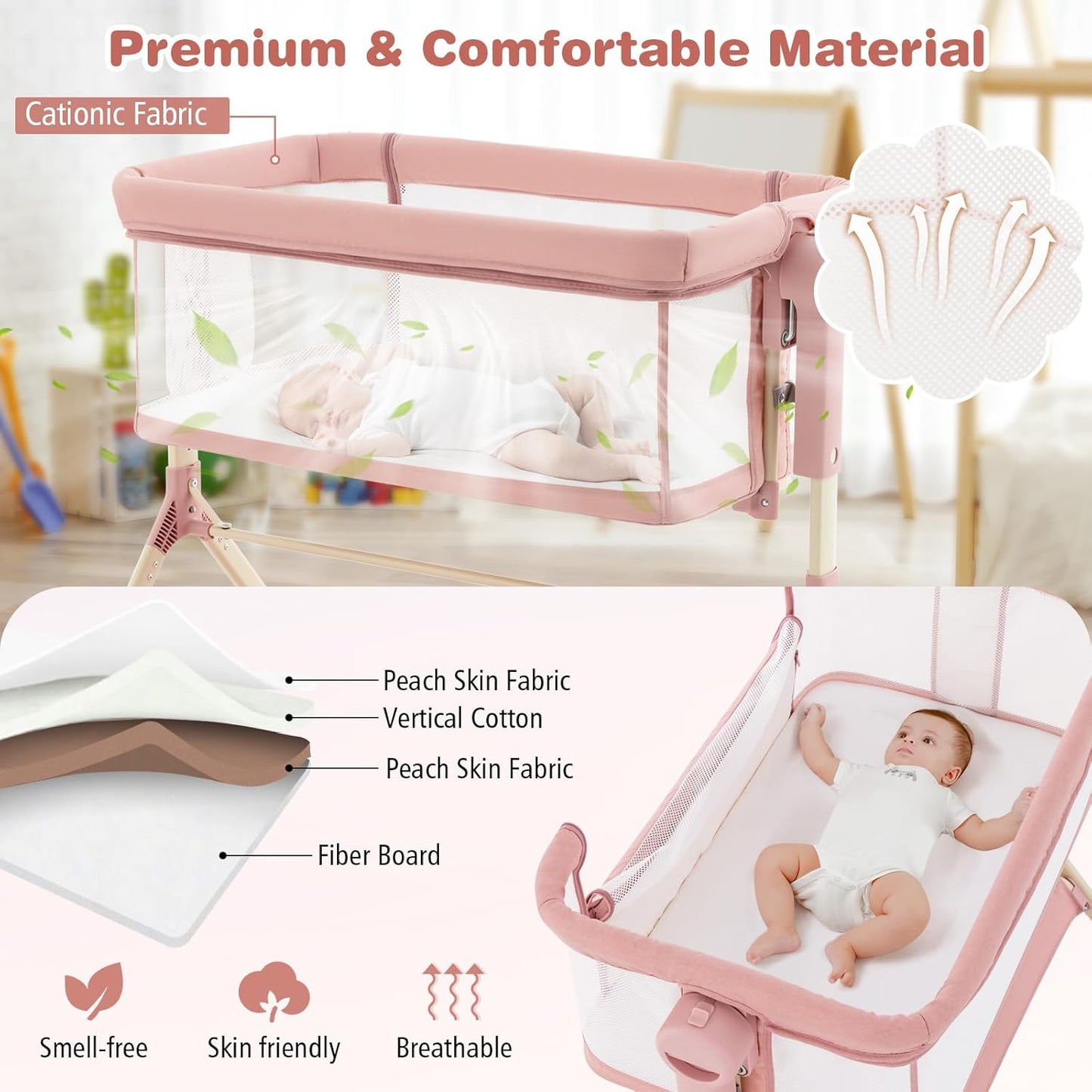 BABY JOY Bassinet Bedside Sleeper, Easy Folding Baby Crib w/All-Side Mesh, Storage Shelf, 7 Adjustable Heights, Mattress & Travel Bag for Safe Co-Sleeping, Portable Baby Bed for Newborn Infant -Gray