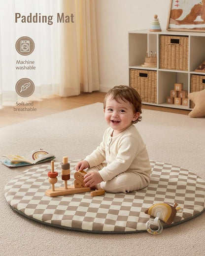 Blissful Diary Baby Play Gym Mat, Play Mat Activity Mat with 6 Detachable Toys for Stage-Based Sensory & Motor Skill Development, Easy to Install & Clean, Baby Essentials Gift, Brown Checkerboard
