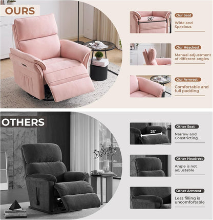 Oversized Glider Rocker Recliner, 26" Extra Wide 360° Swivel Nursery Recliner with Adjustable Headrest, Chenille Rocking Nursery Chair with Overstuffed Armrest, Lumbar Support, Light Grey