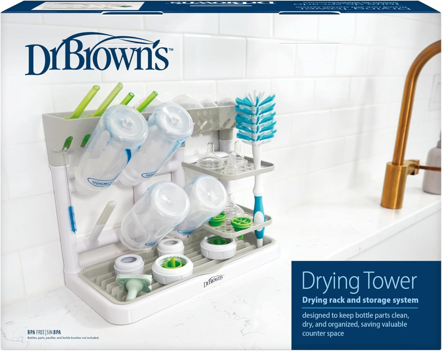 Dr. Brown's Baby Bottle Drying Tower, Stand-Up Countertop Drying Rack with Organized Storage for Baby Essentials, Space Saving Vertical Rack, Gray/White