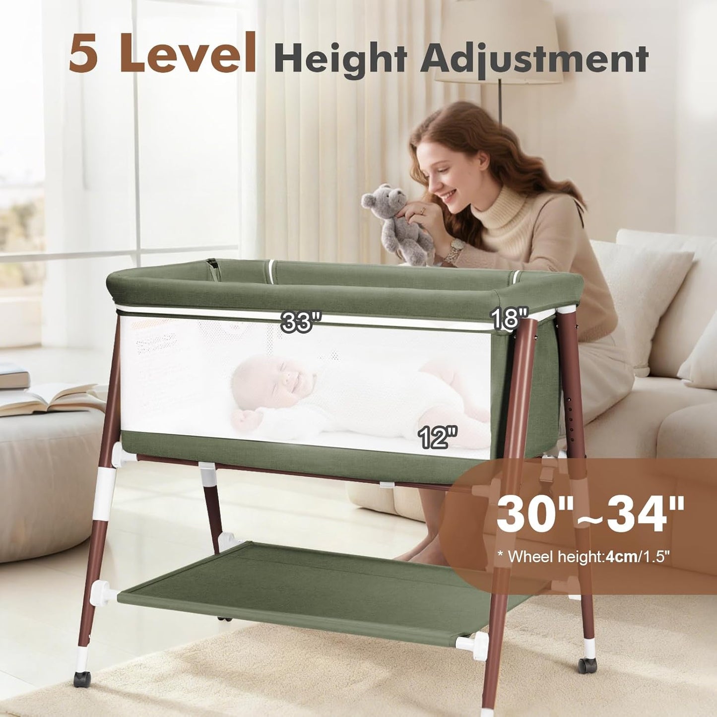 Baby Bassinet, 3 in 1 Bedside Bassinet Sleeper for Newborn, Portable Baby Crib with 4 Detachable Wheels & Adjustable Height, Breathable Mesh & Mattress, Mosquito Net& Storage Basket (Grey)