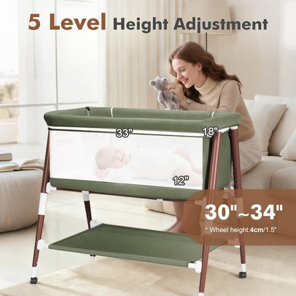 Baby Bassinet, 3 in 1 Bedside Bassinet Sleeper for Newborn, Portable Baby Crib with 4 Detachable Wheels & Adjustable Height, Breathable Mesh & Mattress, Mosquito Net& Storage Basket (Grey)