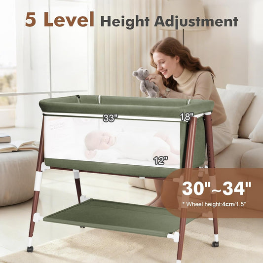 Baby Bassinet, 3 in 1 Bedside Bassinet Sleeper for Newborn, Portable Baby Crib with 4 Detachable Wheels & Adjustable Height, Breathable Mesh & Mattress, Mosquito Net& Storage Basket (Grey)