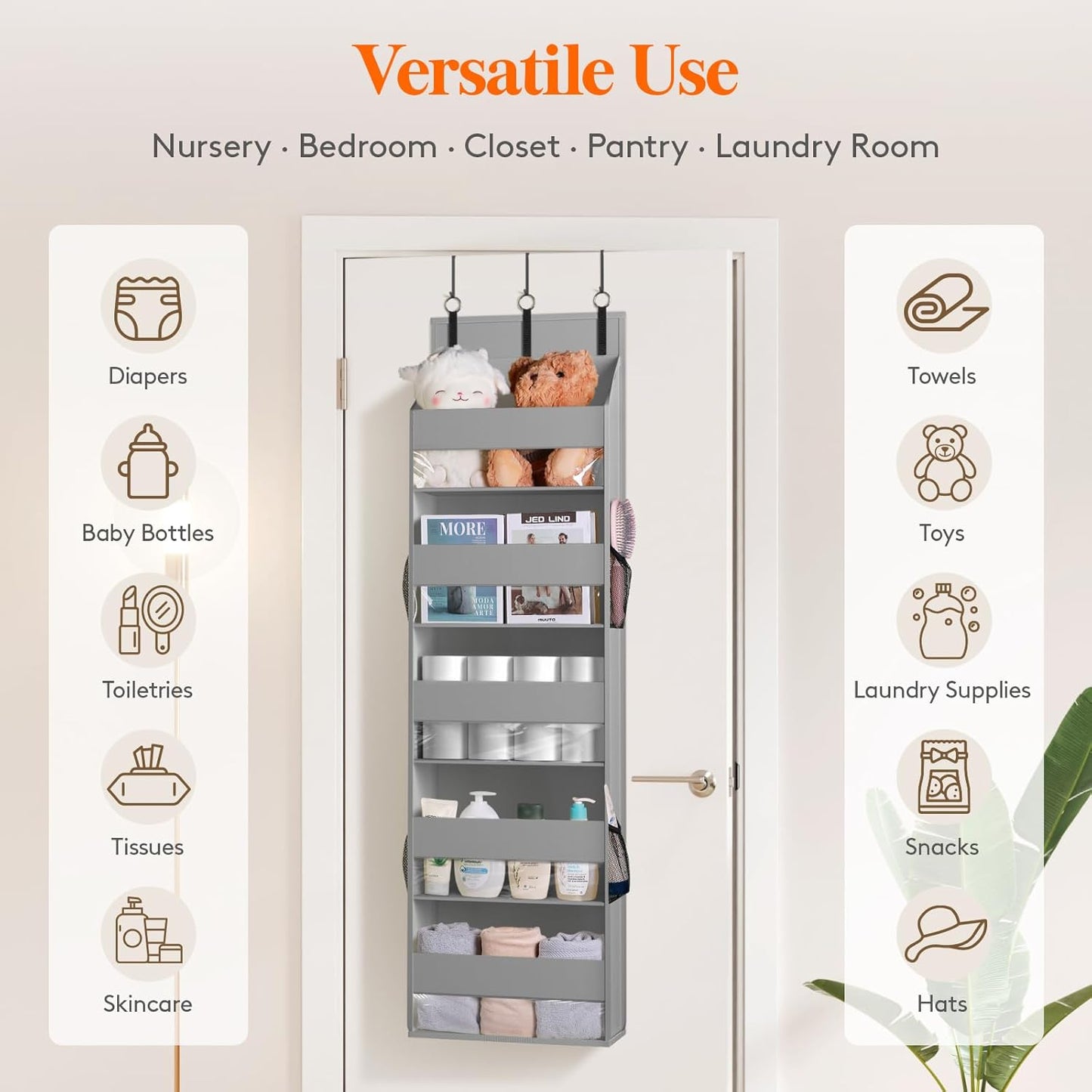 Lifewit 1 Pack Over the Door Organizer, 5 Section Clear Window Hanging Storage with 4 Side Pockets, Sturdy Anti Tilt 40 lbs Load Behind Door for Closet, Bedroom, Bathroom, Nursery, Dorm, Gray