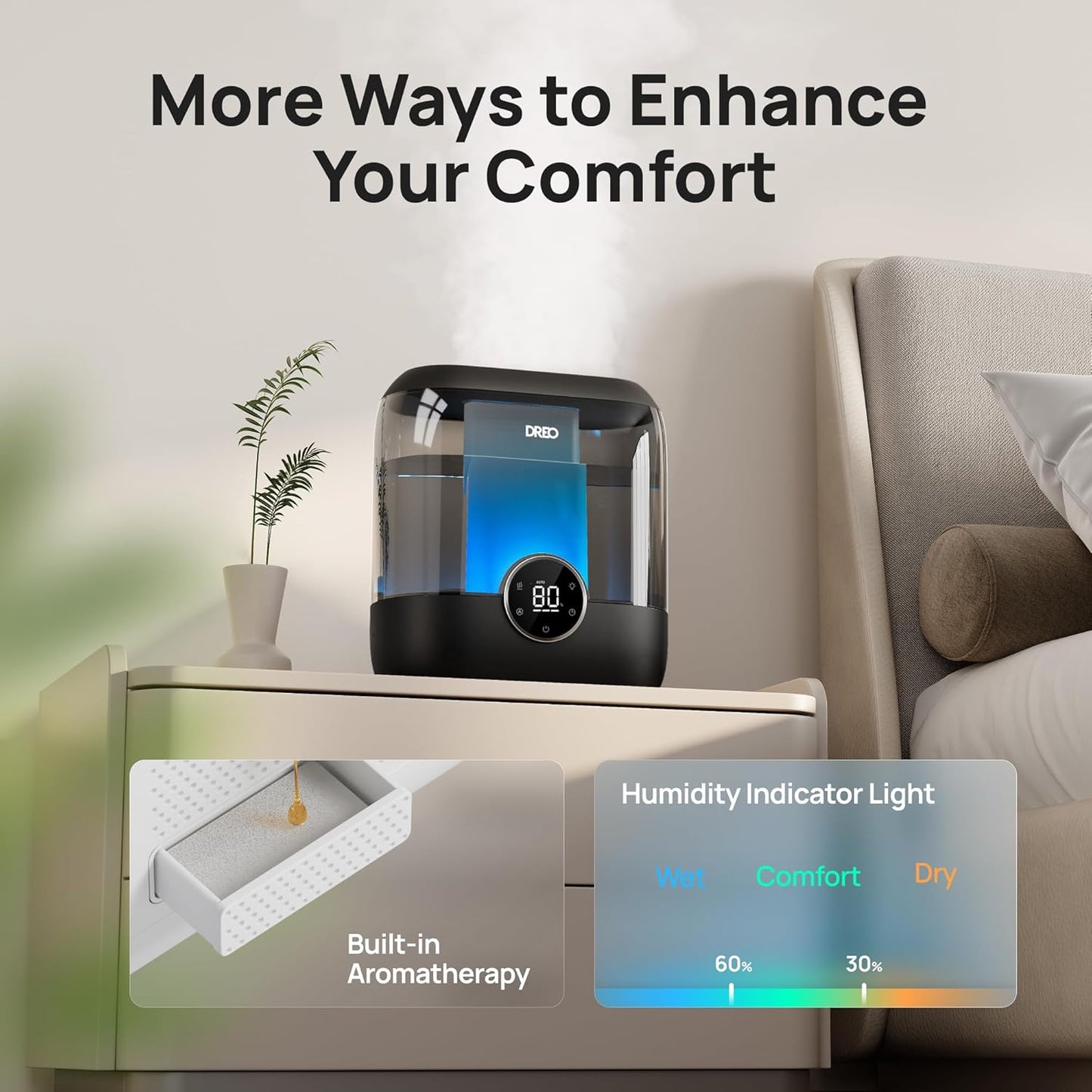 DREO Humidifiers for Bedroom, 6L Easy to Fill & Clean, 60H Runtime for Large room, 28 dB Quiet Cool Mist Air Humidifier for Plant, Baby Nursery, Home, Indoor, Night Light, Precise Humidity Control