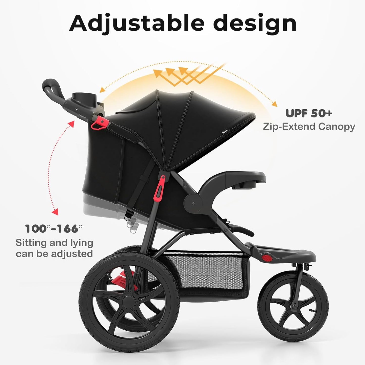 INFANS Jogging Stroller, Foldable Jogger with Air-Filled Tires Shock Absorbing Suspension Adjustable Backrest, Baby Running Strollers