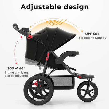 INFANS Jogging Stroller, Foldable Jogger with Air-Filled Tires Shock Absorbing Suspension Adjustable Backrest, Baby Running Strollers