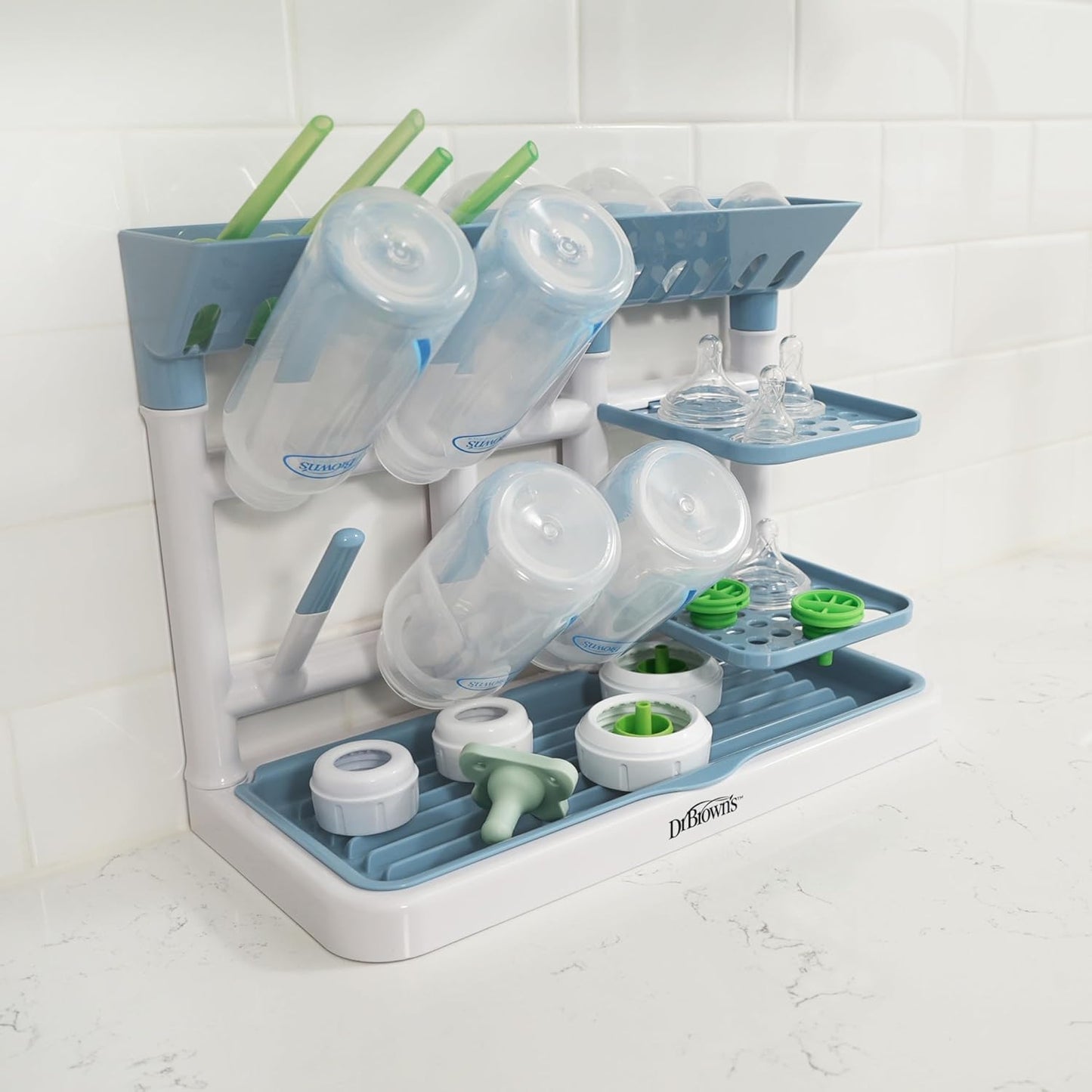 Dr. Brown's Baby Bottle Drying Tower, Stand-Up Countertop Drying Rack with Organized Storage for Baby Essentials, Space Saving Vertical Rack, Gray/White