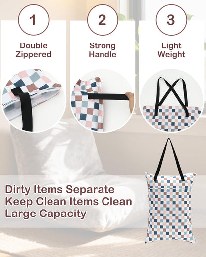 ALVABABY 2 Pack Large Wet Dry Bag Waterproof Hanging Cloth Diaper with Double Zippered Pockets 25x18 inches (Feather & Stripe)