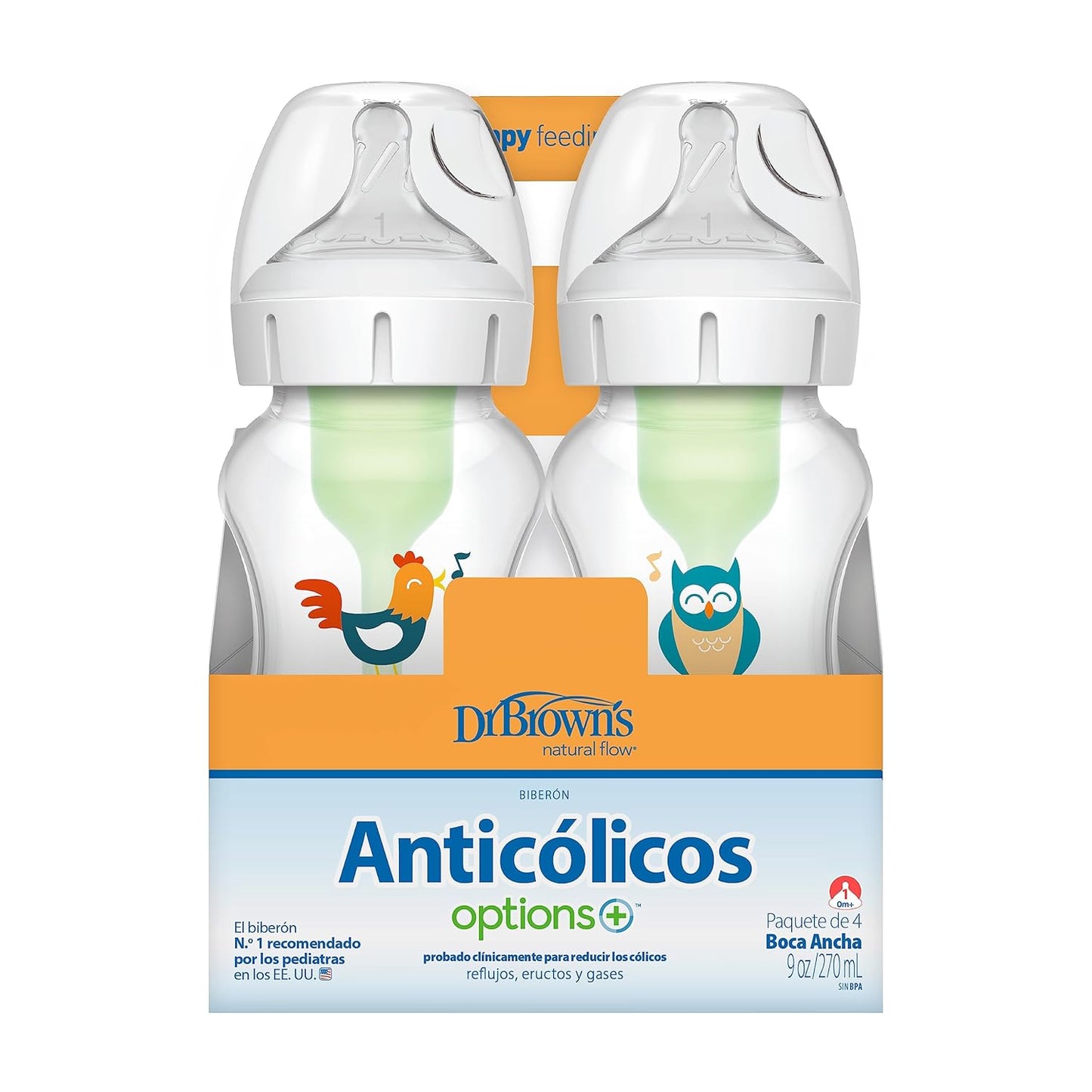 Dr. Brown’s Natural Flow® Anti-Colic Options+™ Wide-Neck Baby Bottles 5 oz/150 mL, with Level 1 Slow Flow Nipple, 4 Pack, 0m+