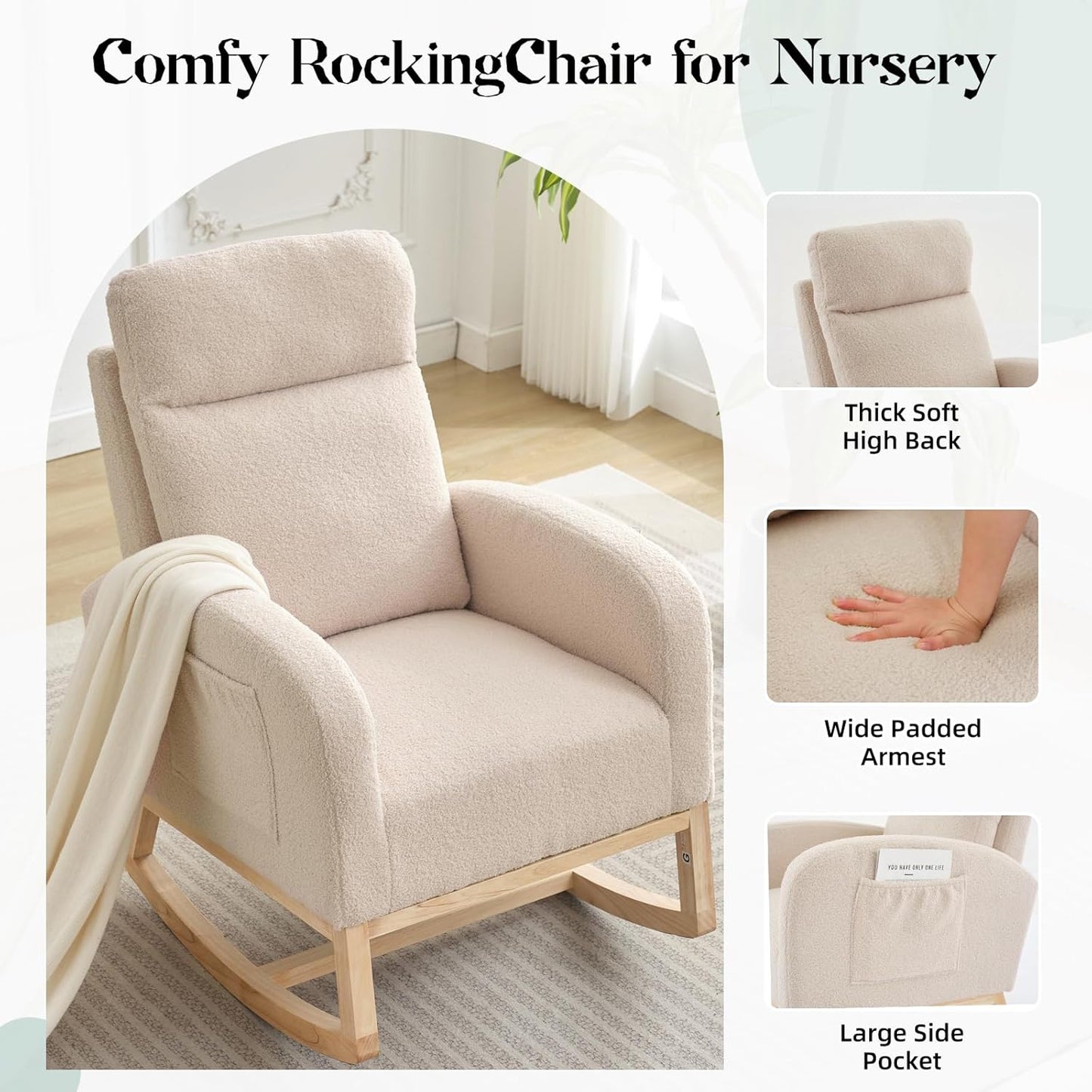 GarveeHome Rocking Chair Nursery,Glider Chair Nursery Chair with High Back and Side Pocket, Rocking Accent Armchair with Rubber Wood Legs for Living Room/Bedroom/Nursery