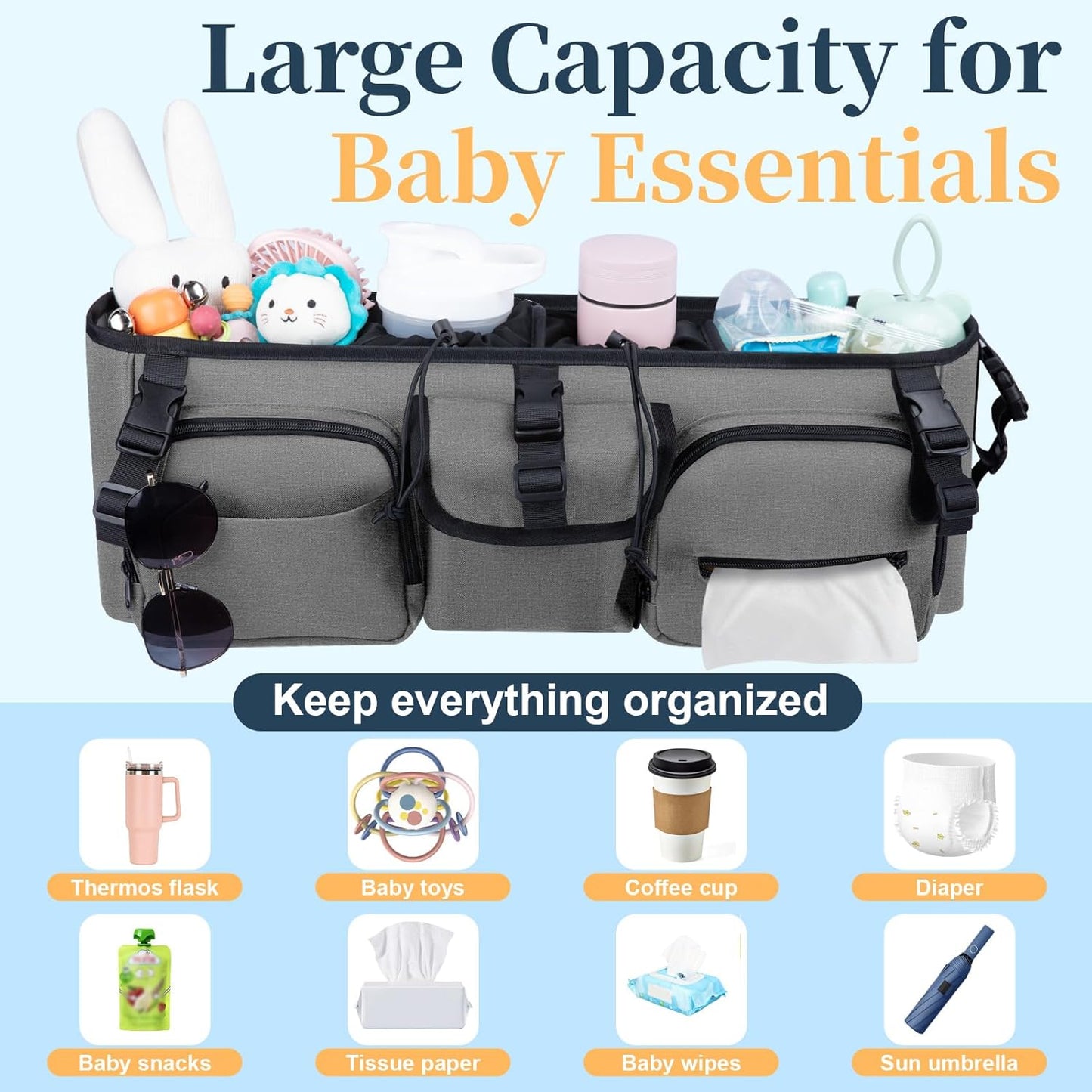 GDNasist Double Stroller Organizer Compatible with Bob Duallie and Baby Jogger City Mini GT2, Double Baby Stroller Accessories with Cooler Bag, Parent Console Double Jogging Stroller Caddy, Black