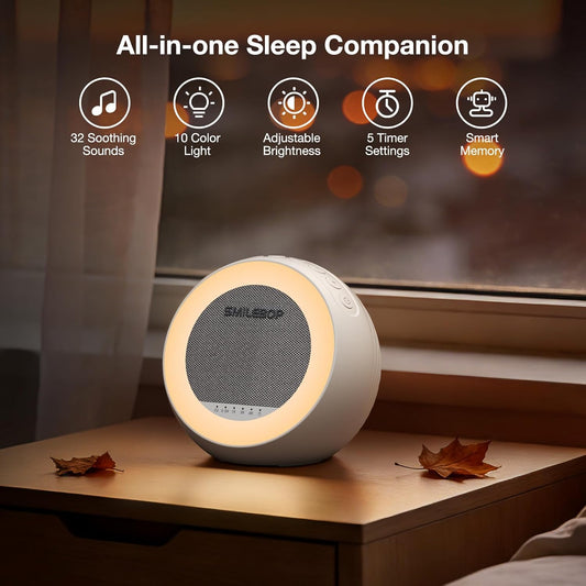 White Noise Sound Machine with Night Light, Portable Sound Machine for Baby and Adults with 10-Color Night Light, 32 Soothing Sounds & 5 Timer for Nursery, Home Office Privacy and Travel