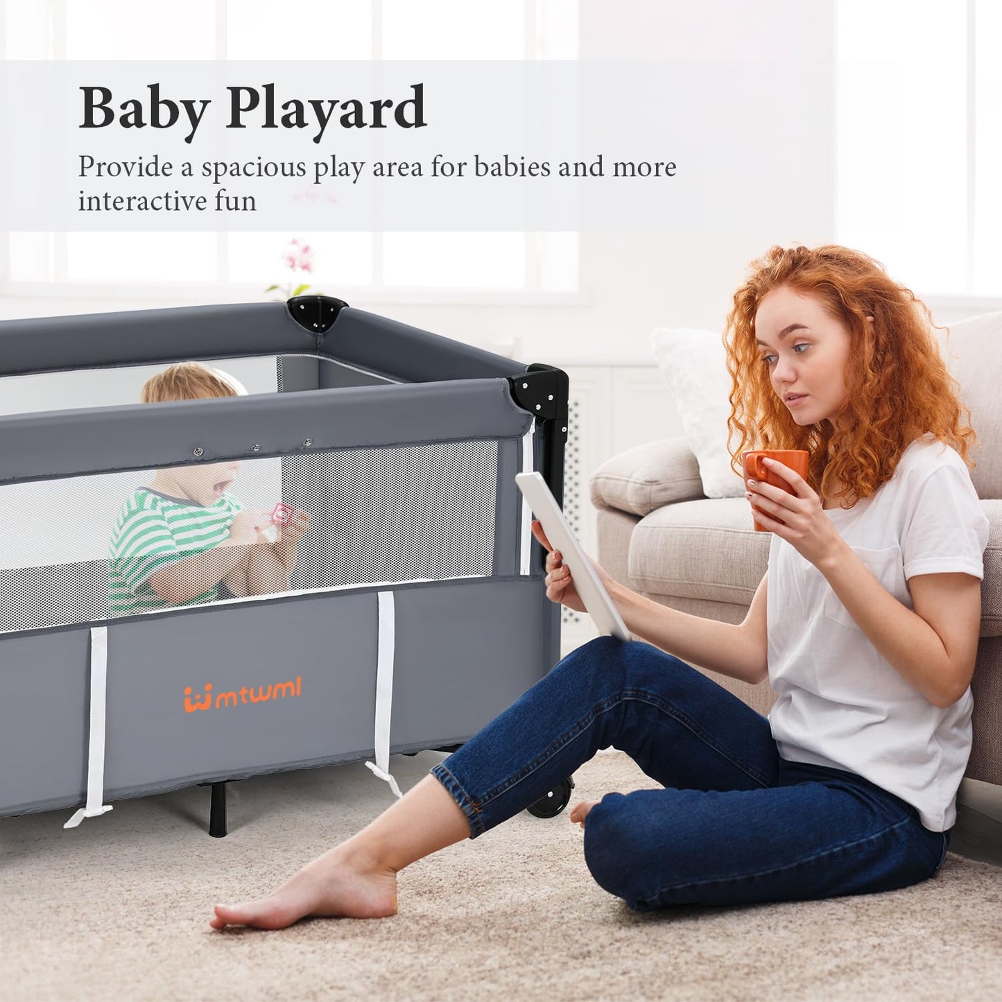 MTWML Portable Baby Bassinet,2 in1 Baby Playard and Bedside Crib with Wheel,1-Second Setup Foldable Playpen and Nursery Center with Travel Bag for Home or Travel Newborn to Toddler(Deep Grey)