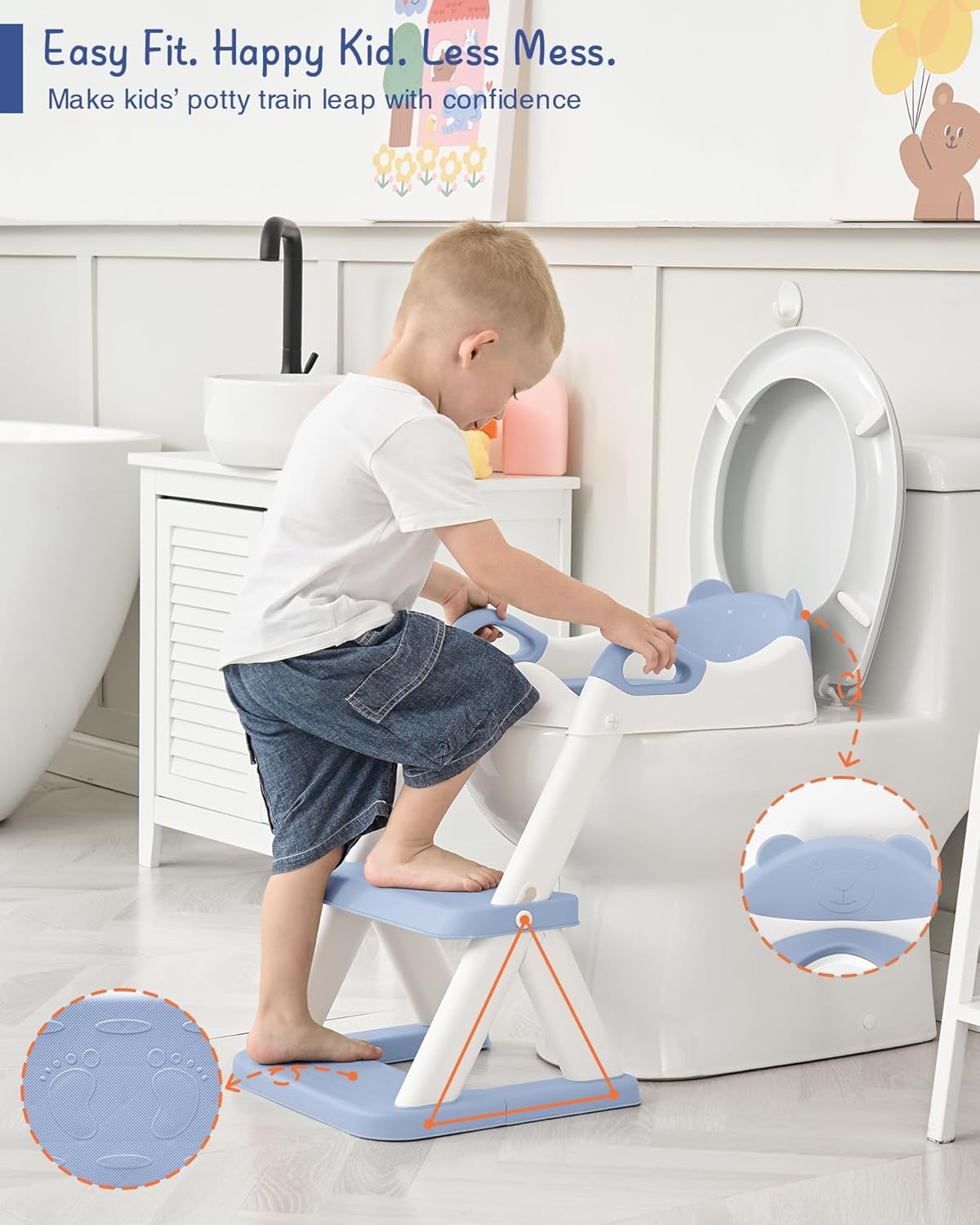Forbena Toddler Potty Training Seat with Step Stool Ladder, Toilet Potty Seat for Baby Boys Girls Toddlers, Kids Chair Stairs with Handles and Soft Cushion (White and Grey)