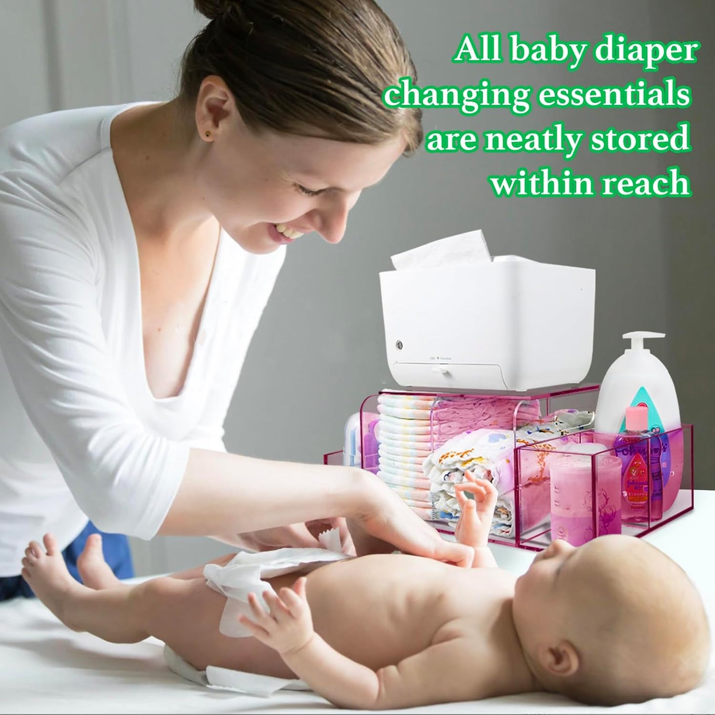 NANYEZH Acrylic Diaper Caddy, Baby Wipes Organizer for Changing Table, Dresser Top Tabletop Organizer with 4 Detachable Compartments, Anti-slip Rubber Feet, Newborn Baby Essentials, Clear