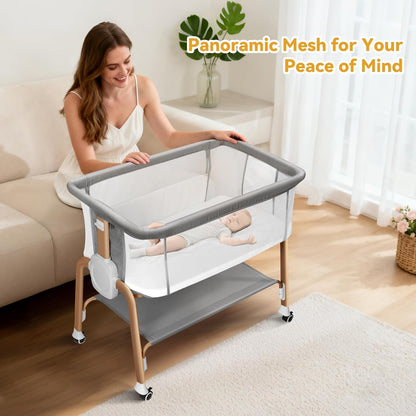 Bassinet Bedside Sleeper, Bedside Bassinet for Newborn, Baby Bassinet with 5 Adjustable Height, Rocking Bassinet with Wheels, Breathable Mesh & Mattress, Easy Folding Portable Bedside Crib（Dark Gray)