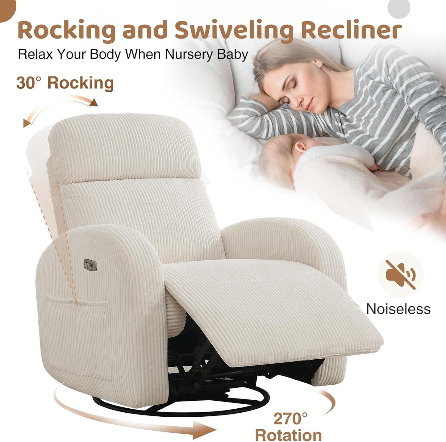 Nursery Glider Recliner, Power Swivel Rocking Recliner with USB & Type-C Port, Swivel Nursering Reclining Rocker with Double Pockets for Living Room, Camel Chenille