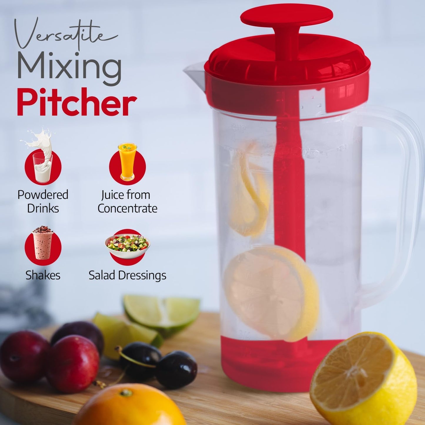 JBK Pottery 1 Quart Plastic Mixing Pitcher with Mixing Lid, BPA Free, Shatterproof Beverage Jug for Iced Tea, Lemonade, Juices, Milk – Leak-Proof, Easy Stirring, Dishwasher Safe | Blue