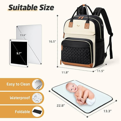 Diaper Bag Backpack - Extra Large Diaper Backpack for 2 Kids Twin, Travel Baby Bags for Mom Dad 25-37L Expandable with Changing Pad, Quilted Beige Black