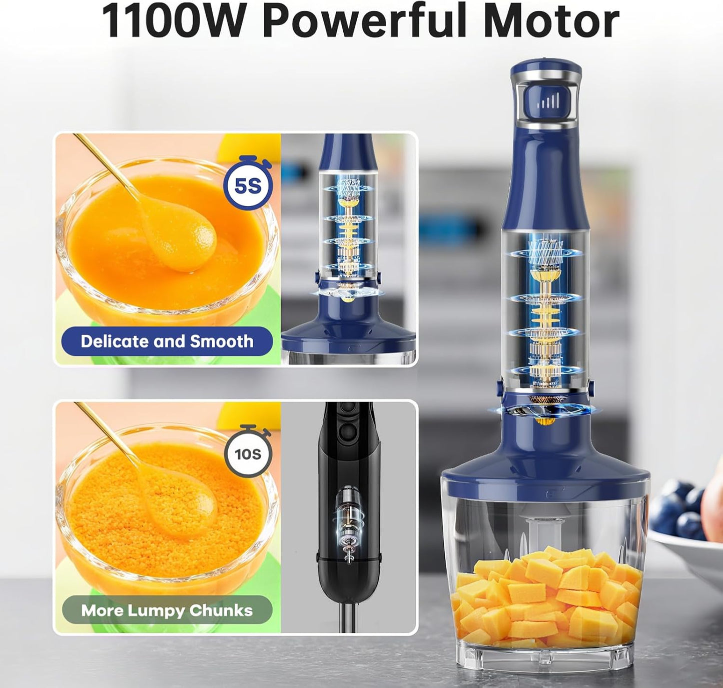 Turelar Immersion Blender Handheld Corded Hand Blenders Set 1100W, Trigger Variable Speed 5 in 1 Stick Emulsifier with Chopper, Whisk and Frother for Soup, Baby Food and Smoothies, Orange