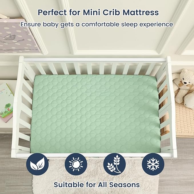David’s Kids 2 Pack Mini Crib Waterproof Cover, 38" x 25" Fitted Breathable Protector Sheet with Elastic Skirt, Soft Pad Cover for Crib and Playard, Navy Blue & Sage Green