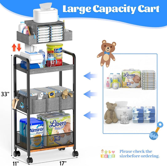 2IN1 Baby Diaper Caddy Organizer & 4-Tier Rolling Cart, Bedside Cart for Baby Essentials Nursery With Drawers, Metal Mobile Diaper Caddy Cart with Wheels, Storage Basket with Dividers for Baby Shower