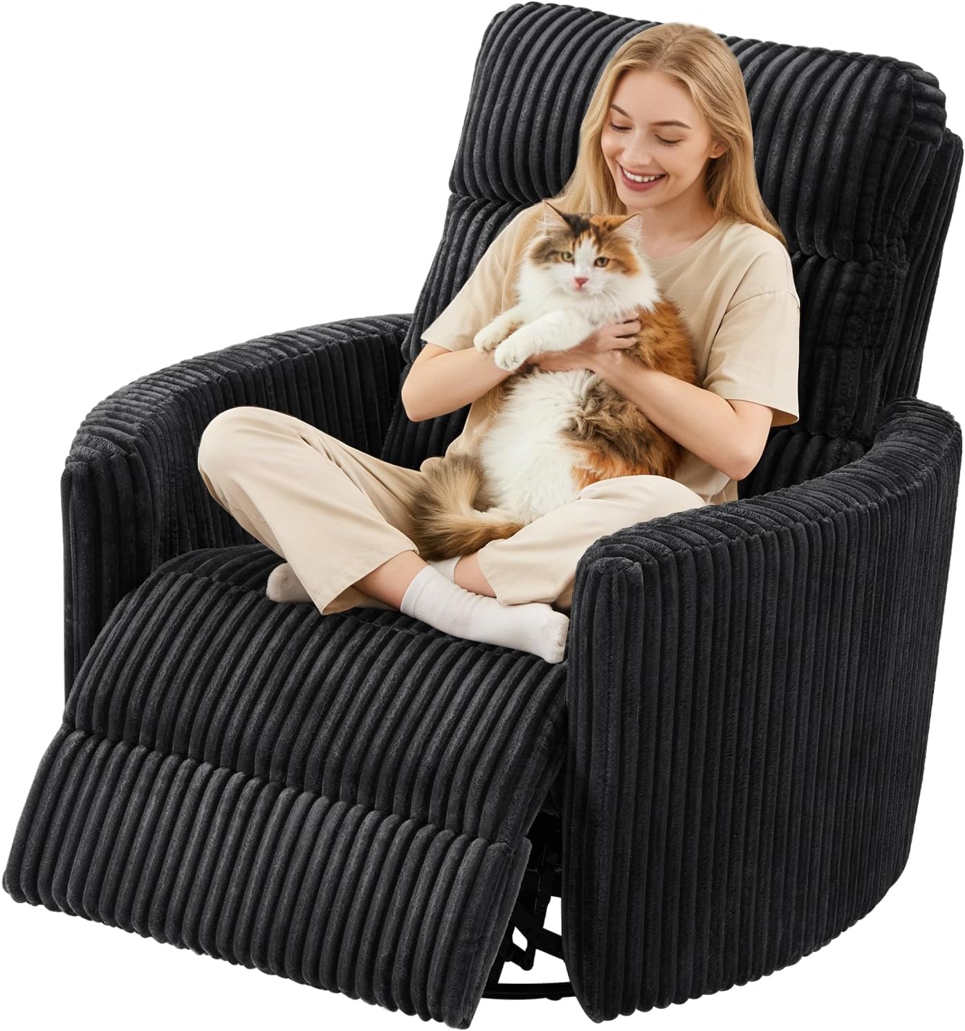 GRAINELL Oversize Power Swivel Recliner, 40in Wide Electric Glider Rocking Chair with Headrest Adjustment, USB Port, 270° Swivel, Rock 30° – for Living Room, Nursery, Black (5" 7' to 6" 1' Height)