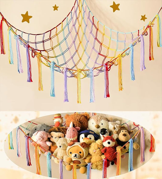 mirolam Stuffed Animal Hammock Corner Storage Net Cute Preppy Trendy Stuff Gifts for Teen Girls Baby Room Wall Nursery Decor Rainbow Color Colorful Unicorn Hanging Organizers XL Large