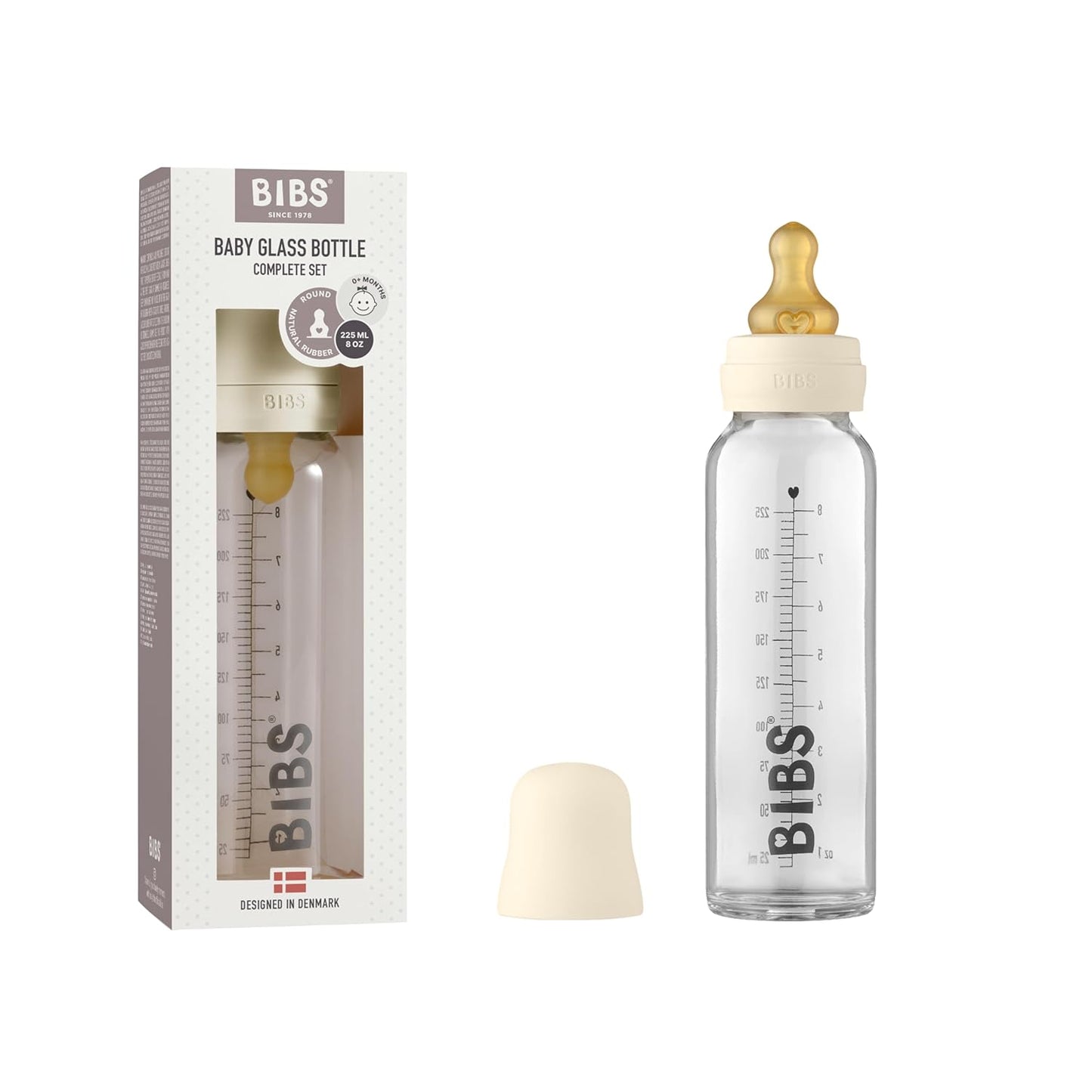 BIBS Baby Glass Bottle. Anti-Colic. Round Natural Rubber Latex Nipple. Supports Natural Breastfeeding, Complete Set - 110 ml, Cloud
