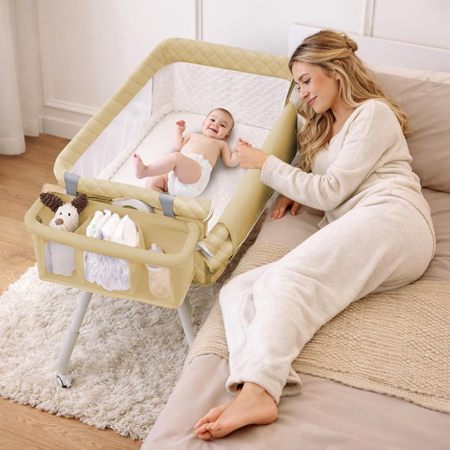 Baby Bassinet Bedside Crib for Newborn, 4-in-1 Baby Bassinet Bedside Sleeper with Mesh & Mattress, Easy Move Crib for Newborns with Lockable Wheels & Storage Basket, 4-Adjustable Height(Grey) | Bassinet with Wheels, Storage Basket, 4 Height Adjustable